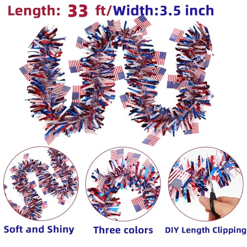 Patriotic Tinsel Garland with American Flags - 33ft Red White Blue Decor