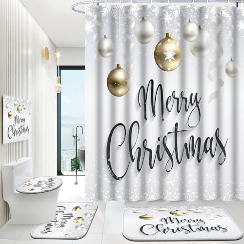 Onalasyc Christmas Bathroom Set with Gold Shower Curtain and Rugs - Festive Home Decor