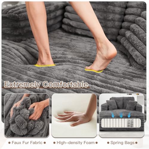 56-Inch Oversized Faux Fur Chaise Lounge Chair with Pillows, Grey