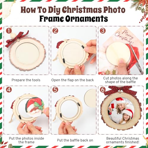 Wonderjune Red & Black Round Wooden Christmas Picture Frame Ornaments with Bow - Set of 24