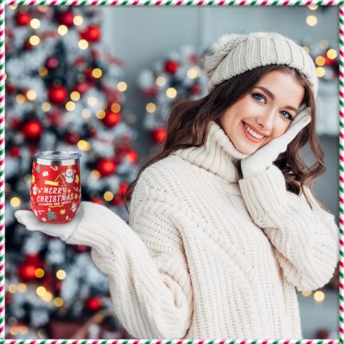 FristChoice 12oz Christmas Wine Tumblers Set with Lids & Straws - Holiday Insulated Stemless Cups, 2 Pack