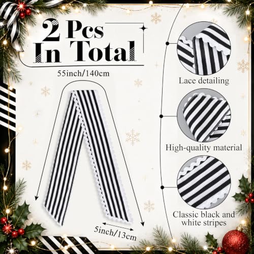 Black and White Striped Wreath Sash 2-Piece Set for Front Door Holiday Decor