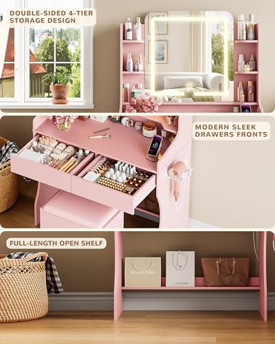Vanity Desk with LED Lighted Mirror, Drawers, Stool, and Charging Station