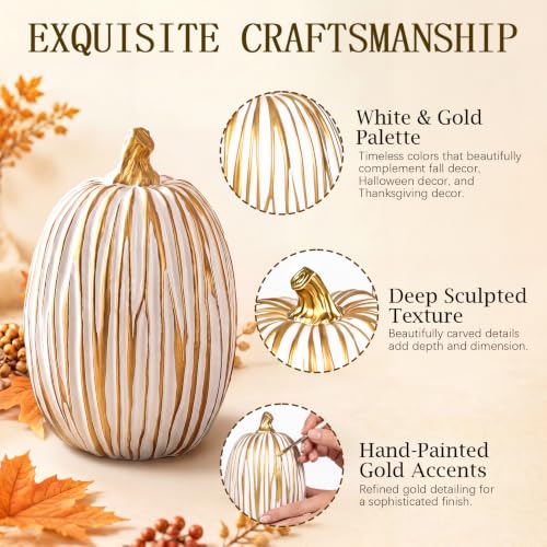 3-Piece Resin Pumpkin Decor Set, White and Gold Fall Table Centerpiece