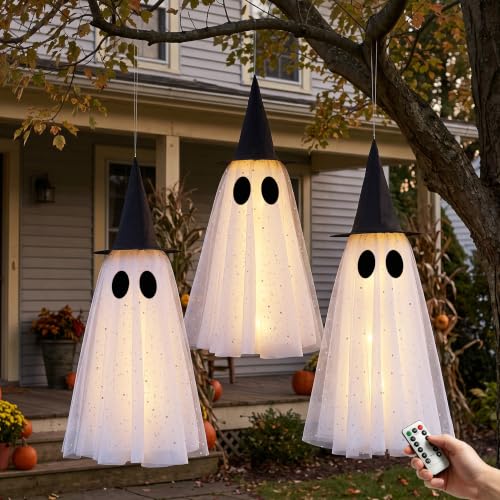 Outdoor Halloween Hanging Ghost Lights with Remote - Set of 3 LED Witch Decor