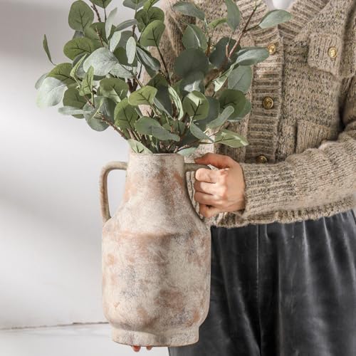 11-Inch Ceramic Flower Vase with Handles - Rustic Farmhouse Table Decor