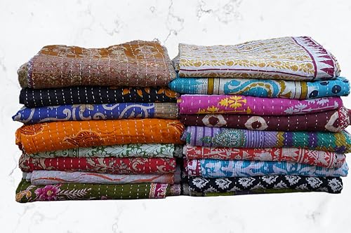 Kantha Quilted Cotton Blanket - Vintage Reversible Bedspread, 85x55 Inches