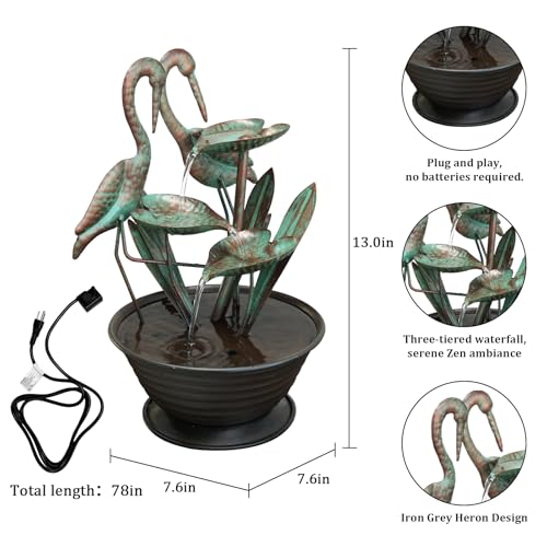 3-Tier Metal Crane Tabletop Water Fountain - Zen Indoor Waterfall Decor