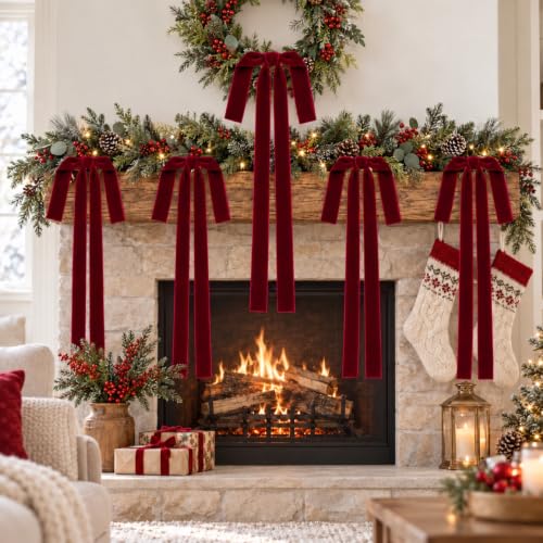 Milimot Burgundy Velvet Christmas Bows 15 x 24 in, 6-Pack (1 in Ribbon) - Pre-Tied