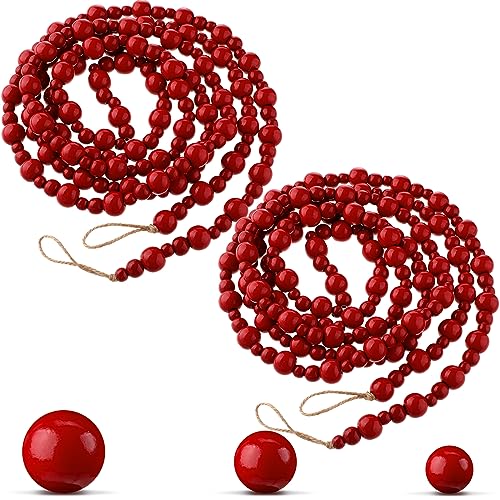 Ceenna 2 Pack 18ft Wooden Bead Garland Red Farmhouse Decor