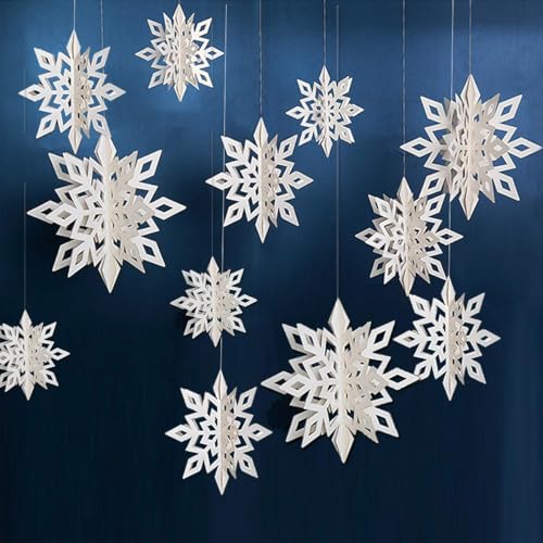 3D White Glitter Hanging Snowflake Ornaments & Garland Set (24 Pcs)