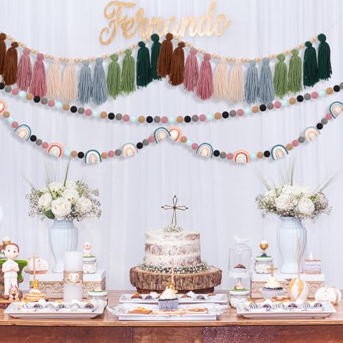 4-Piece Boho Tassel and Pom Pom Garland Set - Sage Green Wall Hanging Decor