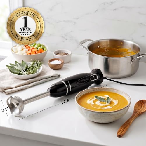 OVENTE Black Hand Blender 300W with 2 Speed Settings - Kitchen Immersion Stick