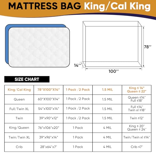 King / Cal King Mattress Bag for Moving & Storage, Plastic Protection Cover