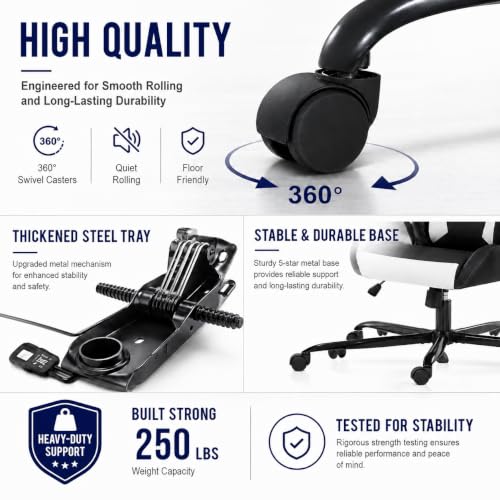 Ergonomic High-Back Gaming Chair with Lumbar Support, White PU Leather
