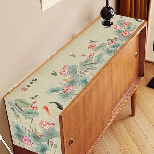 Drapeloft 13" x 90" Ink Painting Japanese Table Runner - Traditional Koi & Butterfly Design