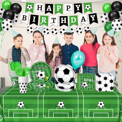 QIYANPAX Soccer Party Decorations Set - Includes Plates, Balloons, Banner, Tablecloth, Utensils for Soccer Theme Birthday Party