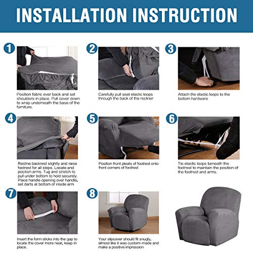Luxury Velvet Recliner Chair Cover, Anti-Slip & Machine Washable - Grey, Large