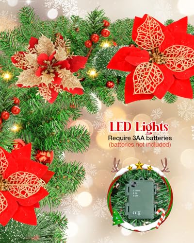 9ft Pre-Lit Christmas Garland with LED Lights, Red Flowers & Berries, Indoor Outdoor Holiday Decor