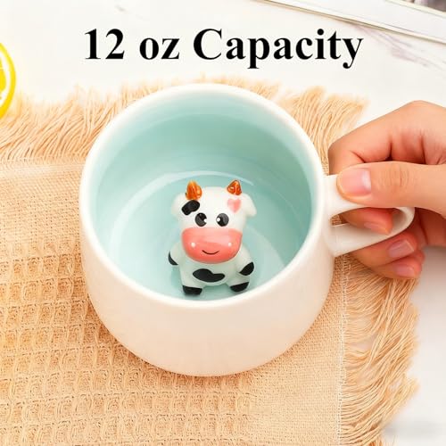 HS&ROXIN 12 oz Cute 3D Dinosaur Inside Mug - White Cow Ceramic Coffee Cup Gift