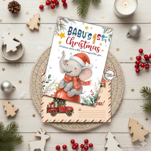 Baby First Christmas Card with Festive Design - Keepsake Holiday Greeting for Boy or Girl - Variation of THIS listing