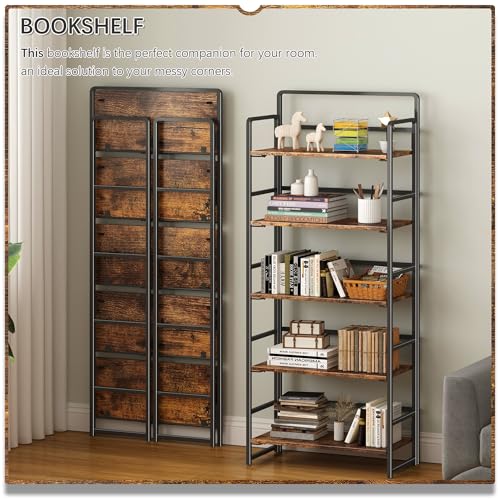 5-Tier Folding Bookshelf, Industrial Metal and Wood Storage Rack