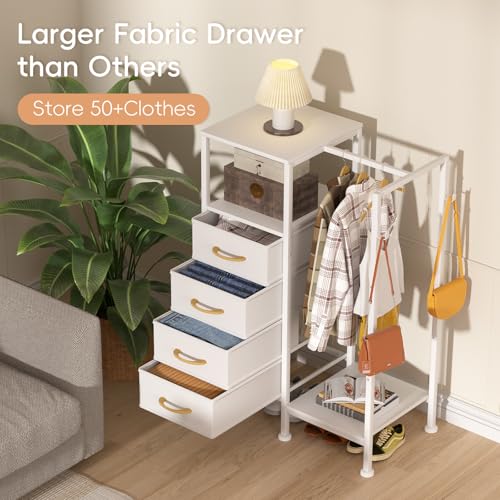 VERONLY White Reversible Bedroom Dresser with Clothes Hanging Rack & 4 Fabric Drawers