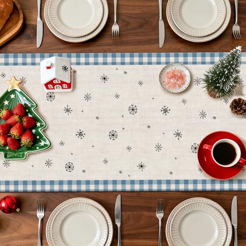 OTOSTAR Buffalo Plaid Christmas Table Runner 13x90in - Light Blue Snowflake Tree Holiday Farmhouse Kitchen Decor