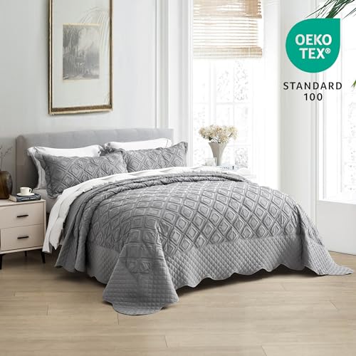 Oversized King Bedspread Set, Grey Diamond Tufted Coverlet