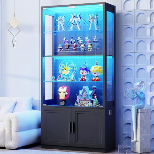 67" Glass Display Cabinet with LED Lights and Motion Sensor, 4-Tier Black