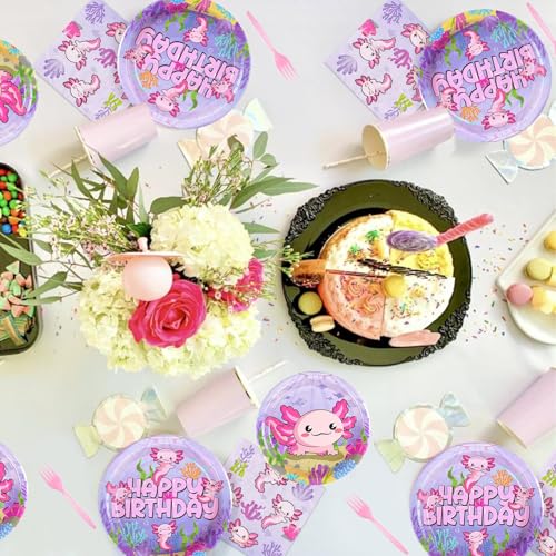 96-Piece Pink Axolotl Birthday Party Tableware Set for 24 Guests