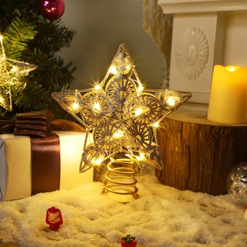 Gold Lighted Star Christmas Tree Topper with 20 Warm White LED Lights