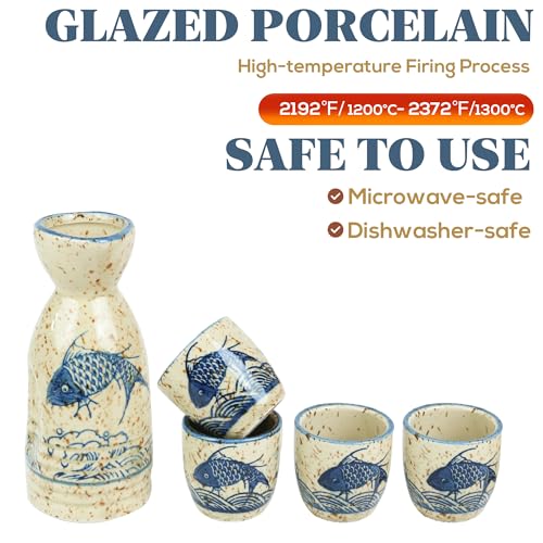 Cream-Fish Ceramic Sake Set 5pcs - Japanese Saki Carafe & Cups - PUNNIO