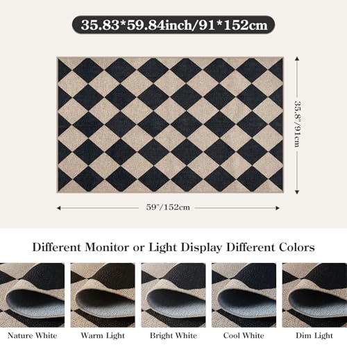 Checkered Jute-Look Area Rug 3x5, Washable Non-Slip Farmhouse Entryway Mat
