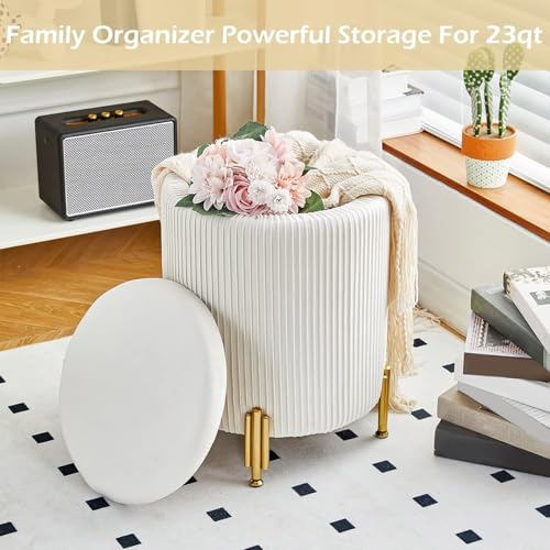 Round Velvet Storage Ottoman with Metal Legs, Cream Padded Footstool