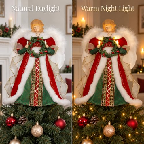 HMASYO Red & Green Angel Tree Topper with Timer Lights, 12" Christmas Decor