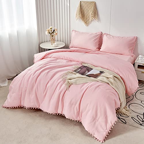 PERFEMET 5-Piece Pink Pom Pom Twin Comforter Set with Sheets & Pillowcases