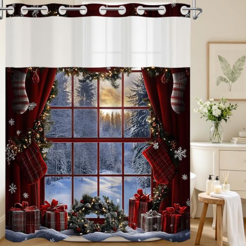 LB No Hook Red Christmas Shower Curtain with Fabric Liner Set - Rustic Holiday Decor