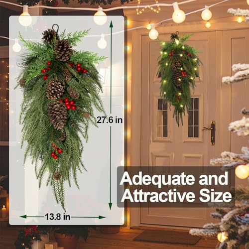 27.6-Inch Pre-Lit Christmas Teardrop Swag with Warm LED Lights & Pinecones