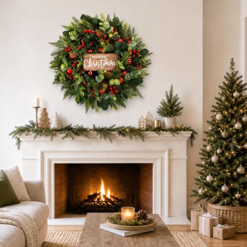 26-Inch Christmas Front Door Wreath with Pine, Berries & Pine Cones