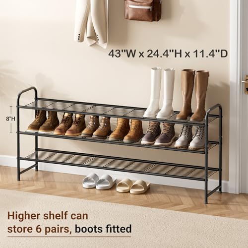 KEETDY 3-Tier Long Metal Shoe Rack - Wide Stackable Shoe Organizer Shelf