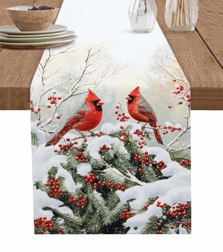 Winter Christmas Cardinal Table Runner 13x36 Red Berry Pine Leaves – 100% Polyester