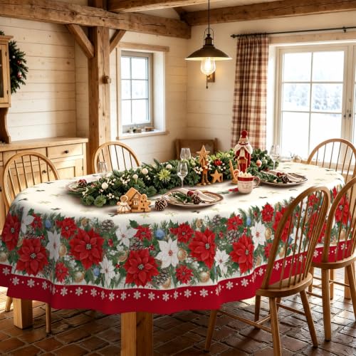 OwBgsdh 60x102 Oval Poinsettia Christmas Tablecloth - Waterproof, Wrinkle-Resistant Linen