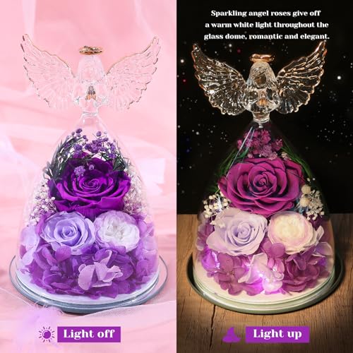Preserved Rose Glass Angel Figurine with LED Lights - Forever Flower Gift Box