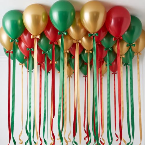 Christmas Ceiling Balloon Kit with Ribbons - Red Green Gold, 30 Pcs