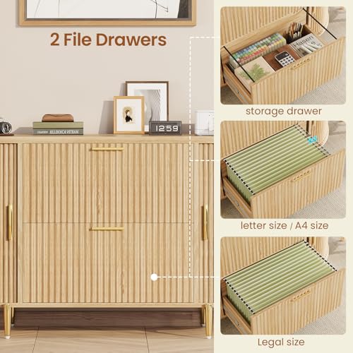 SEDETA Natural Fluted 2-Drawer File Cabinet with Sliding Doors for Home Office