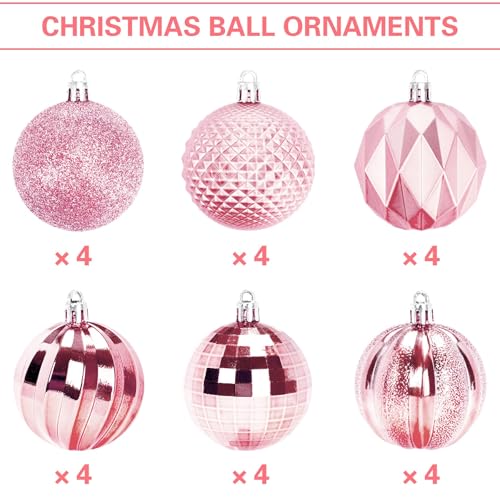 24-Pack Pink Christmas Ball Ornaments - 60mm Shatterproof Tree Baubles