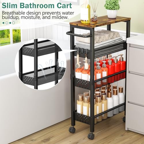 4-Tier Slim Utility Rolling Cart with Wheels & Wood Top - 7.1" Narrow Organizer
