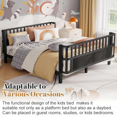 Full Size Montessori Bed Frame with Guardrails, Low Profile Metal & Wood Bed