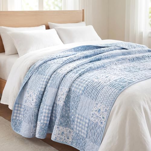 Blue Floral Patchwork Throw Blanket 50" x 60" Reversible Quilt